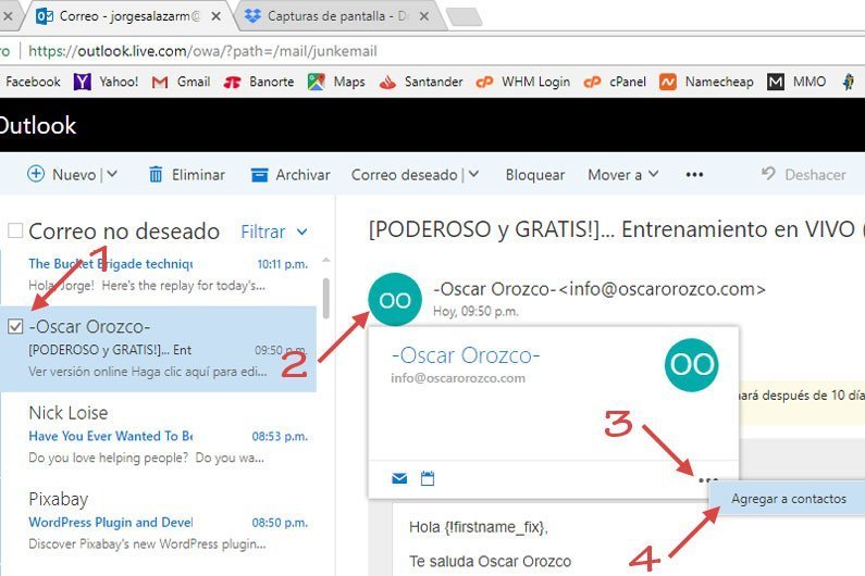 lista blanca de correos en hotmail, live y outlook